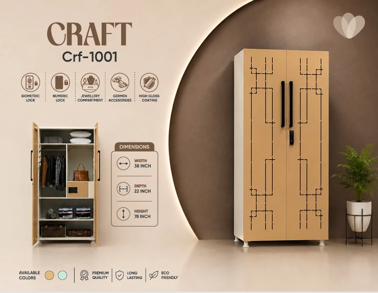 Vijay Sshree Craft CRF-1001 almirah in tan with a black geometric pattern, shown closed and open