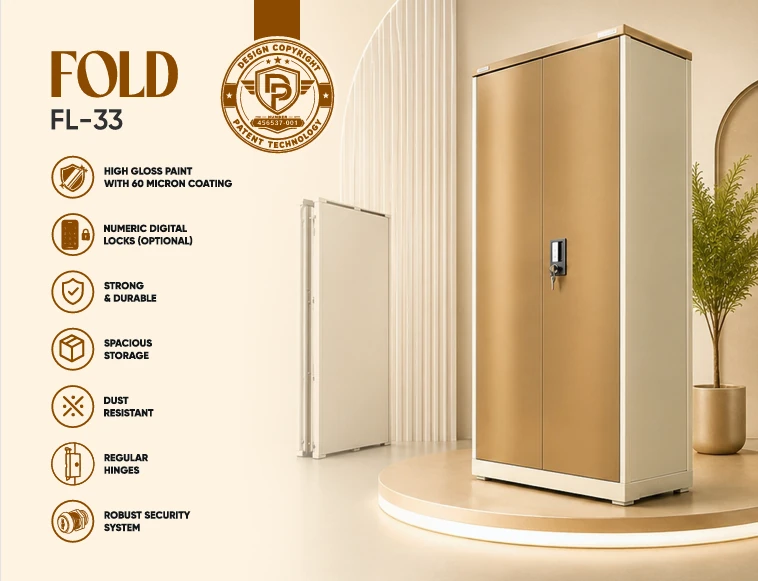 Vijay Sshree Fold FL-33 steel almirah in gold and cream on a round display platform