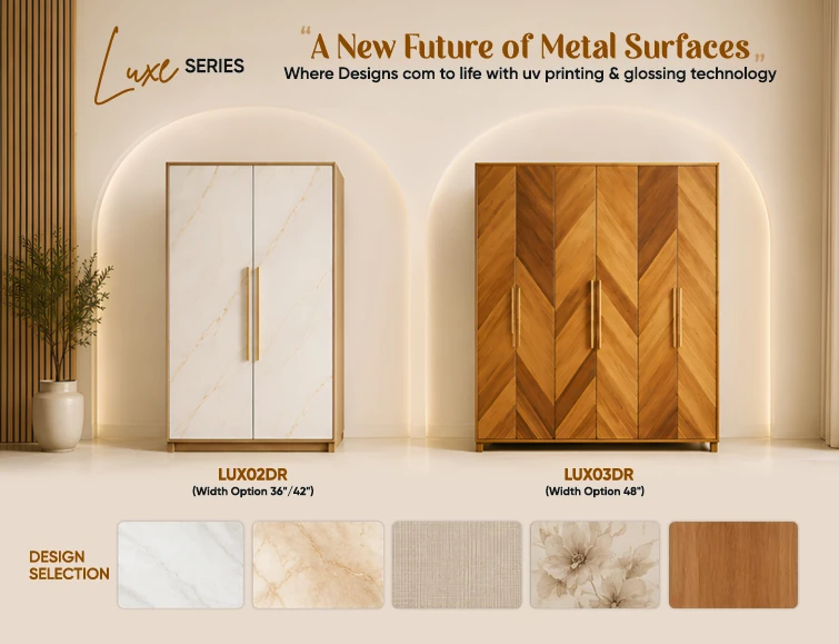 Two Vijay Sshree Luxe Series almirahs, one in white marble and one in chevron wood, with five design swatches
