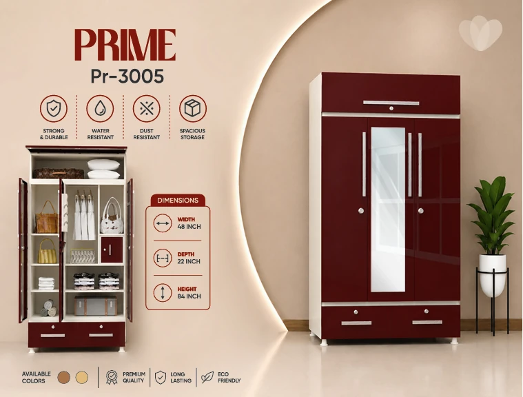 Vijay Sshree Prime PR-3005 maroon almirah with a mirror door, shown closed and open