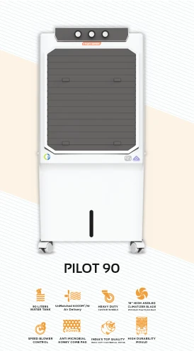 Vijay Sshree Pilot 90 tall white air cooler with a dark grey front panel