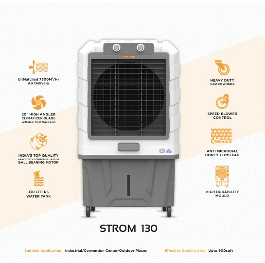 Vijay Sshree Strom 130 air cooler in white and grey with its key features listed around it