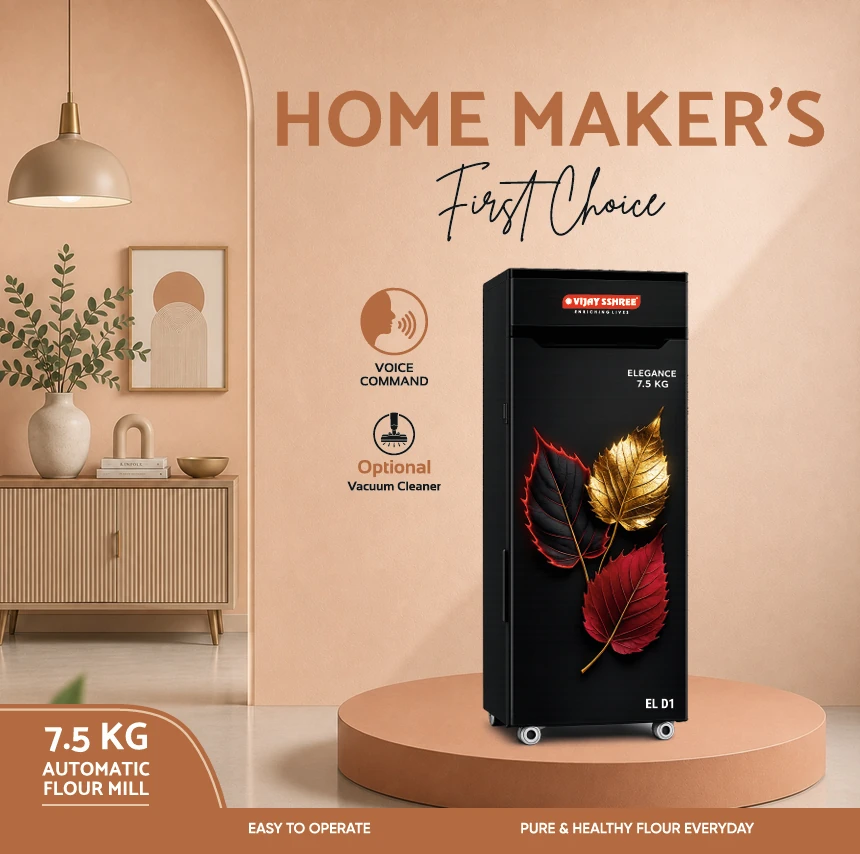 Vijay Sshree Elegance EL D1 black automatic flour mill with red and gold leaves, on a round platform
