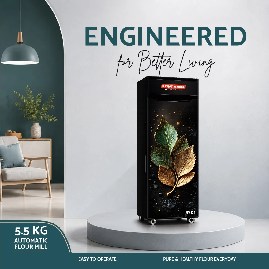 Vijay Sshree RY D1 black automatic flour mill with green and gold leaves, in a living room