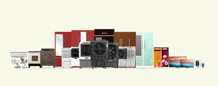 The Vijay Sshree range of home appliances and almirahs lined up side by side
